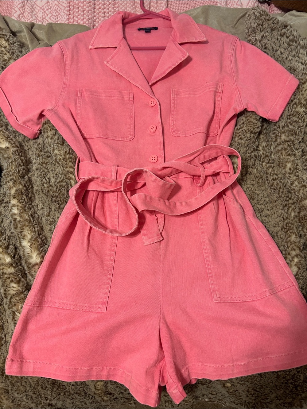 Skies Are Blue Neon Pink Short-Sleeve  Denim Romper with Belt